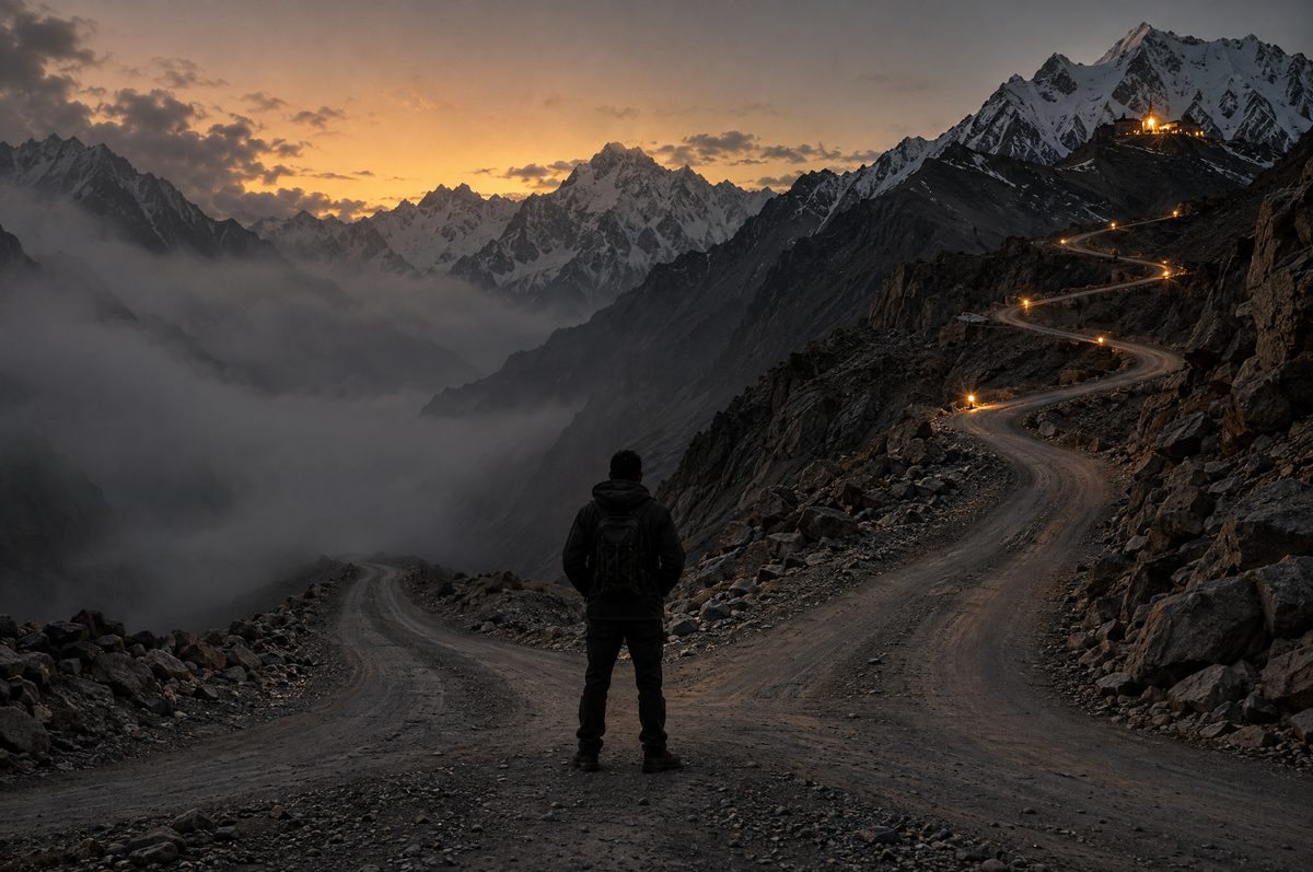 A lone figure where a mountain road forks: one way into fog, the other climbing a lit route toward the summit
