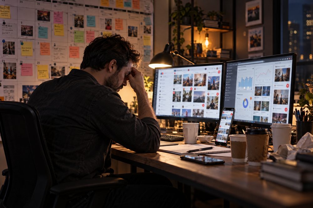 Illustration: an agency owner at a desk late at night, surrounded by social feeds and a crowded content calendar