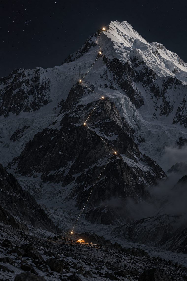 A mountain at night with a climbing route marked by amber lights from base camp to the summit